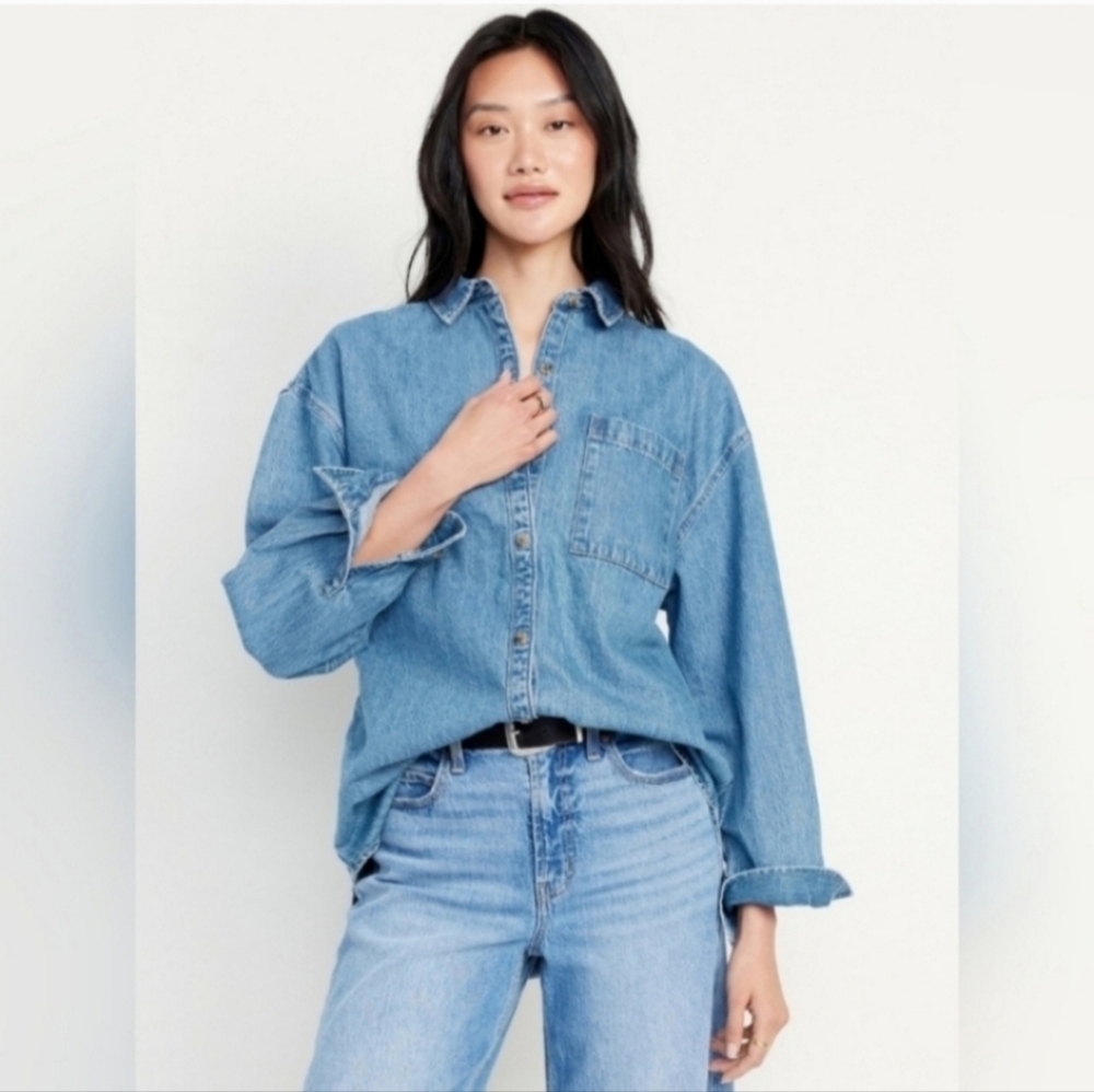 Old Navy Boyfriend Button-Down Jean Denim Tunic light wash - Picture 4 of 6